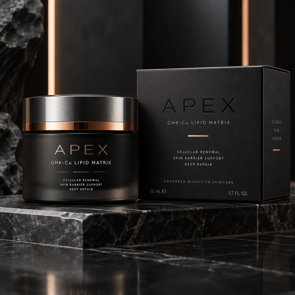 APEX GHK-Cu Lipid Matrix packaging concept in matte black with a brushed metal lid and copper detail